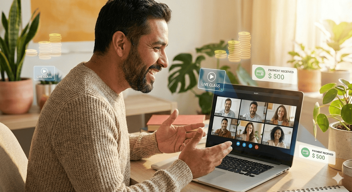 Persona emprendedora usando laptop representando el negocio rentable de la educación online