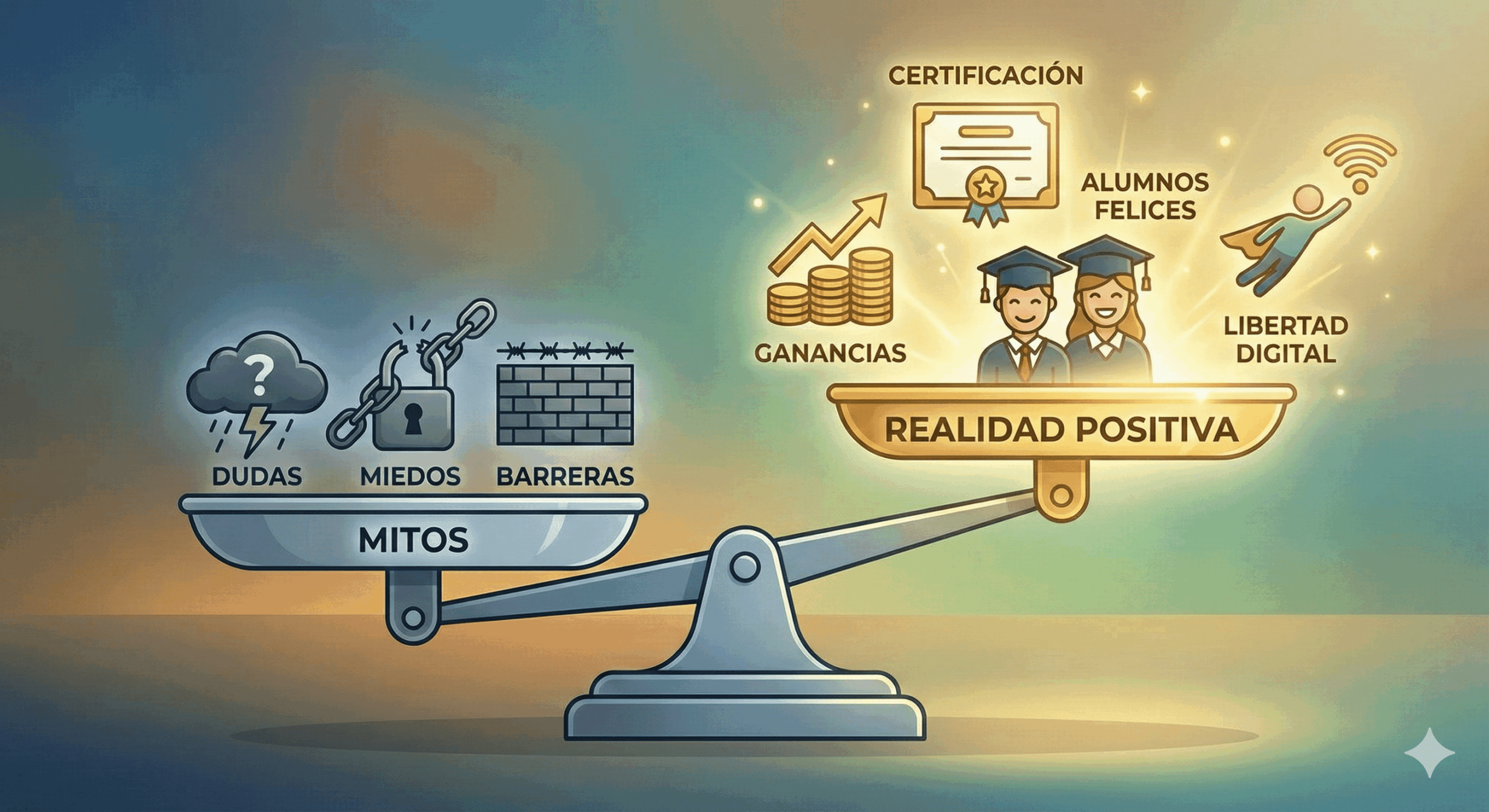 Balanza mostrando mitos y realidades sobre crear y vender cursos online
