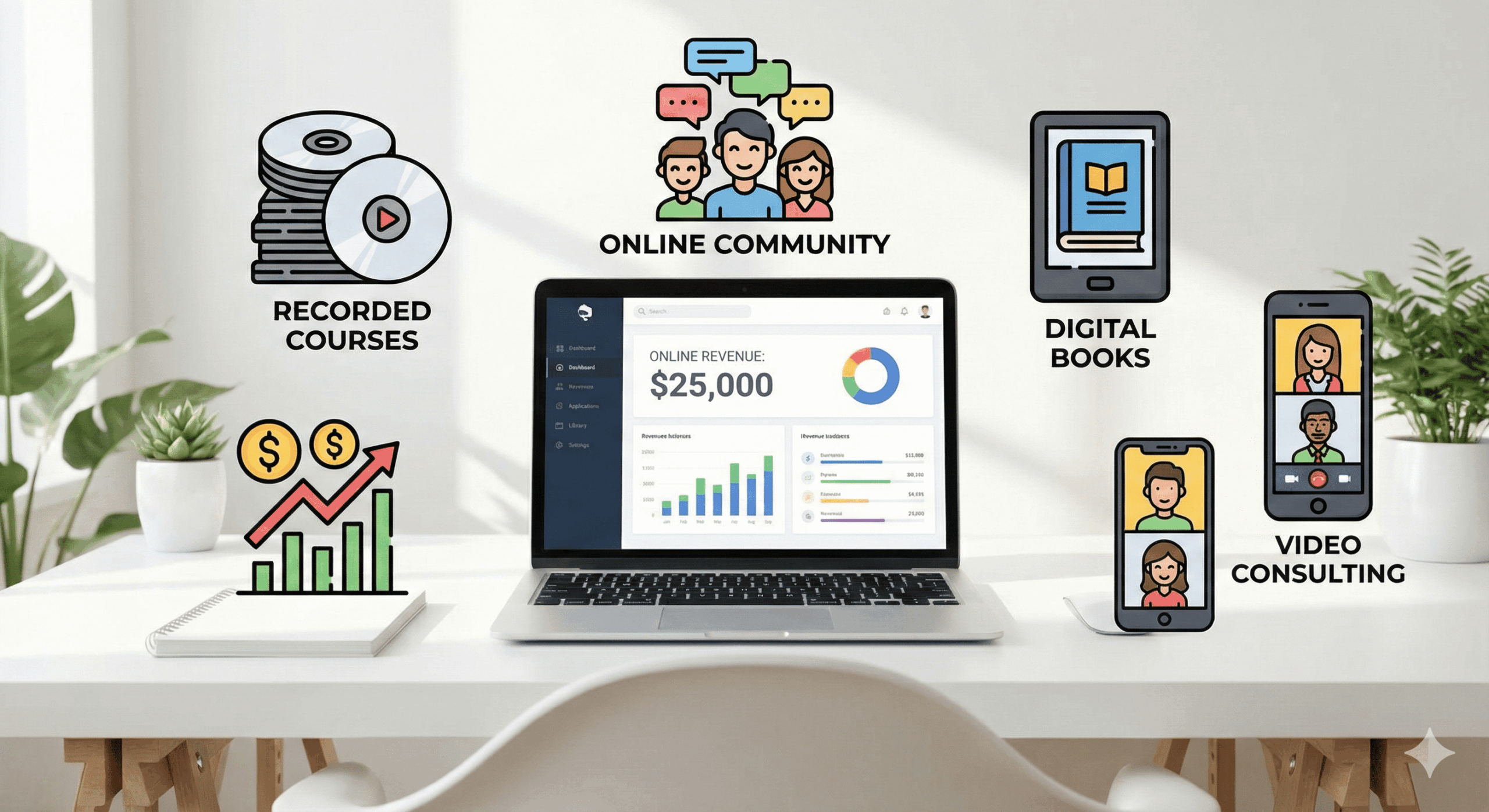 Diferentes modelos de ingresos en educación online representados digitalmente