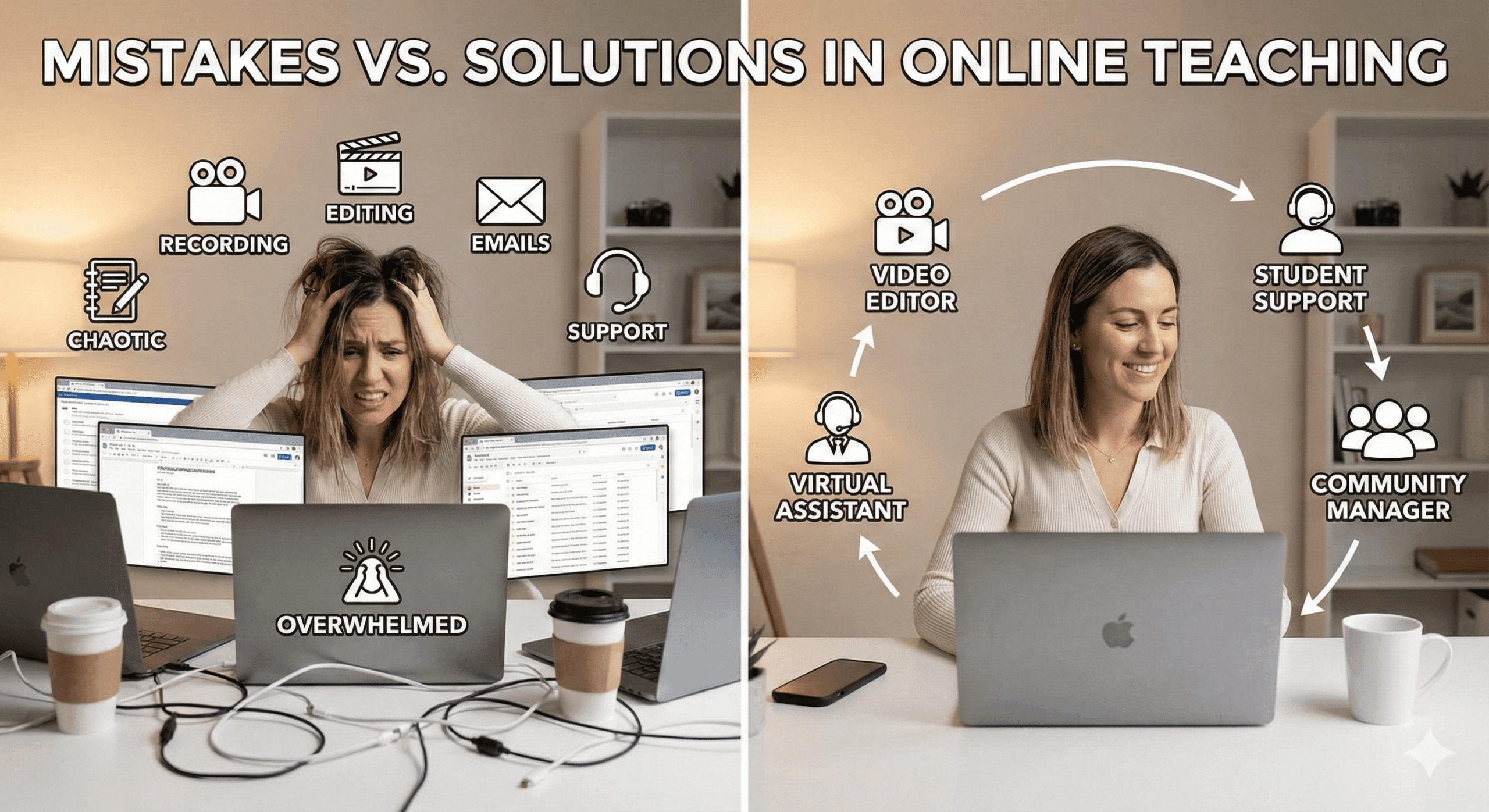 Errores comunes al enseñar online y cómo evitar el agotamiento delegando funciones